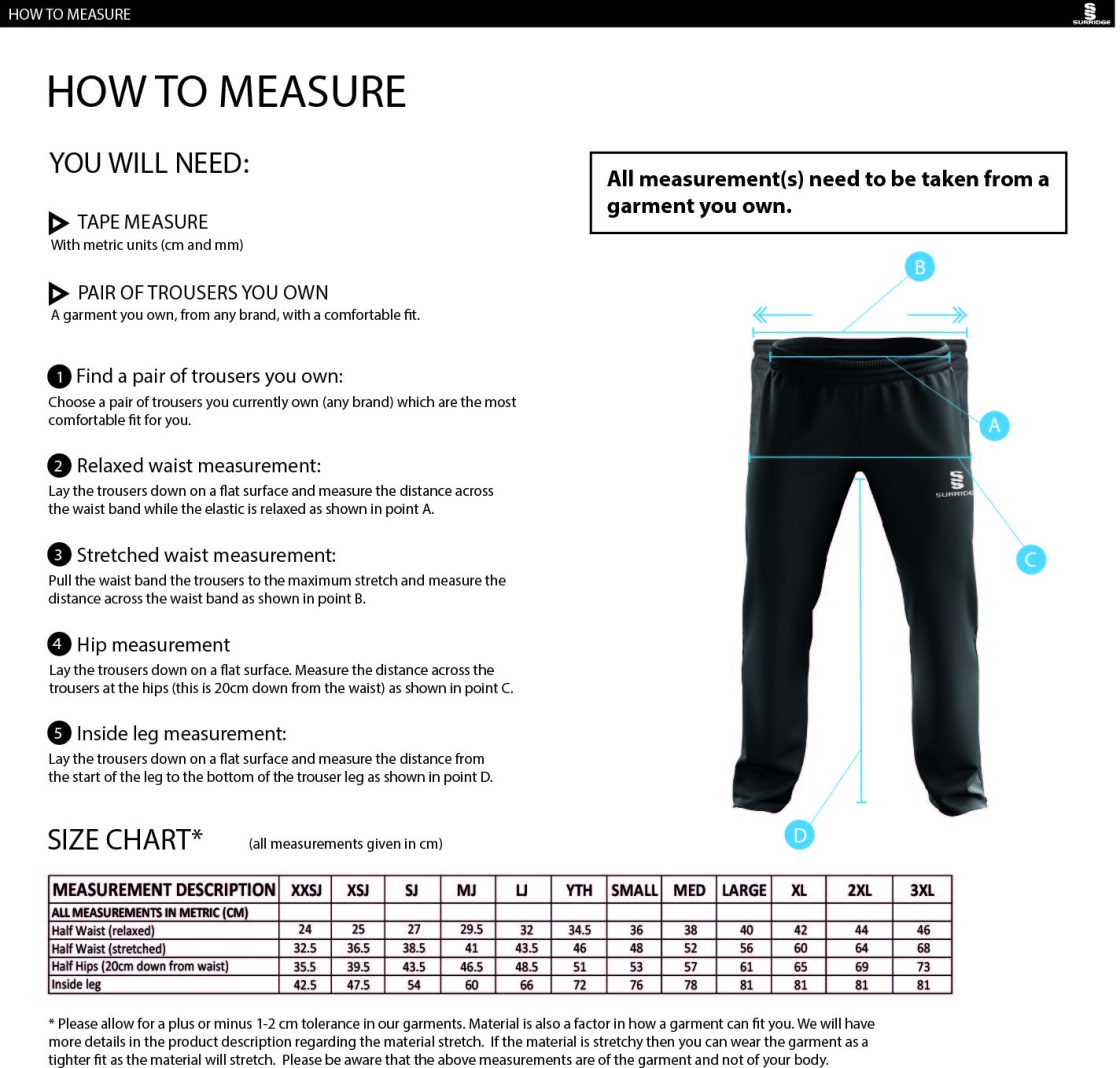 Bristol Hockey Talent Academy - Dual Poplin Track Pant with Lycra - Unisex Fit - Size Guide