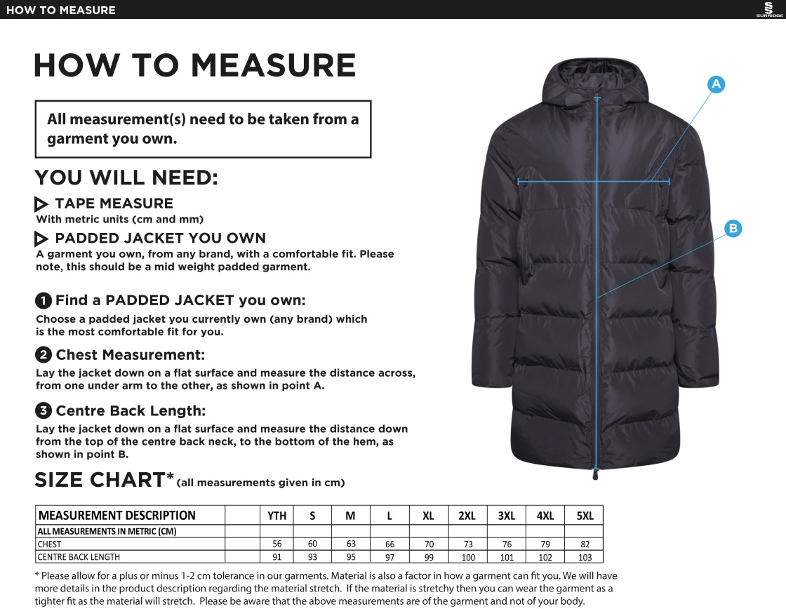 Bristol Hockey Talent Academy - Active Long Padded Jacket - Unisex Fit - Size Guide