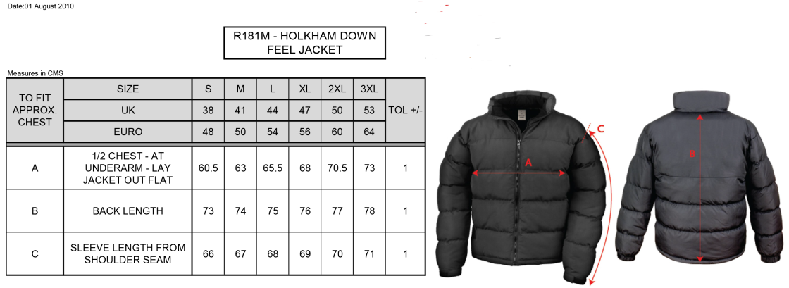 Bristol Hockey Talent Academy - Holkham Down Feel Jacket - Unisex Fit - Size Guide