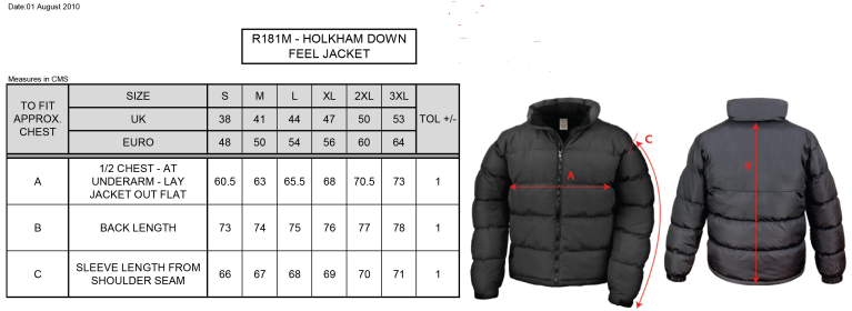 Bristol Hockey Talent Academy - Holkham Down Feel Jacket - Unisex Fit - Size Guide
