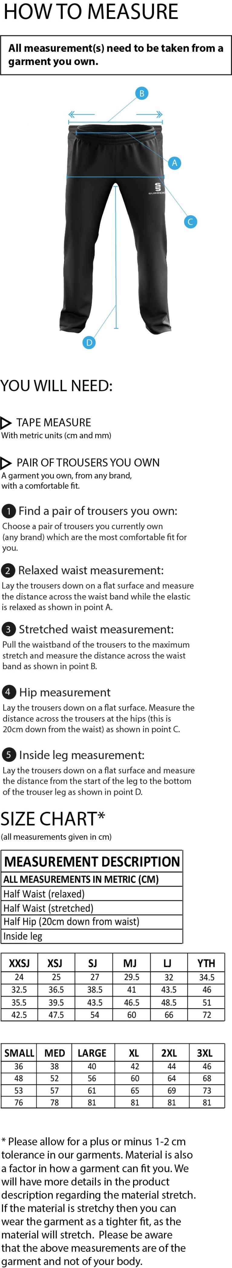 Bristol Hockey Talent Academy - Dual Poplin Track Pant with Lycra - Unisex Fit - Size Guide