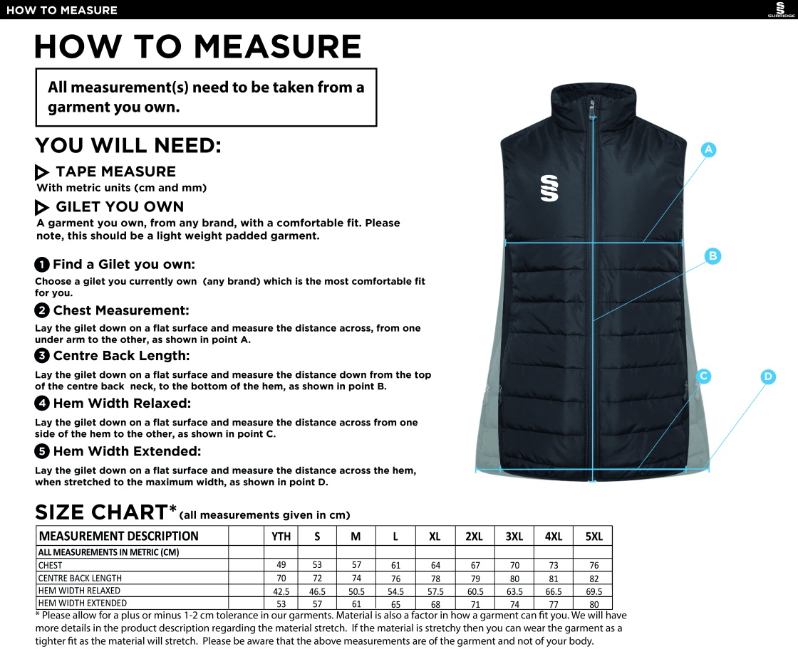 Bristol Hockey Talent Academy - Active Gilet - Unisex Fit - Size Guide
