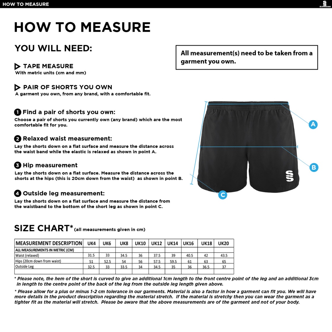 Bristol Hockey Talent Academy - Performance Gym Short - Women's Fit - Size Guide