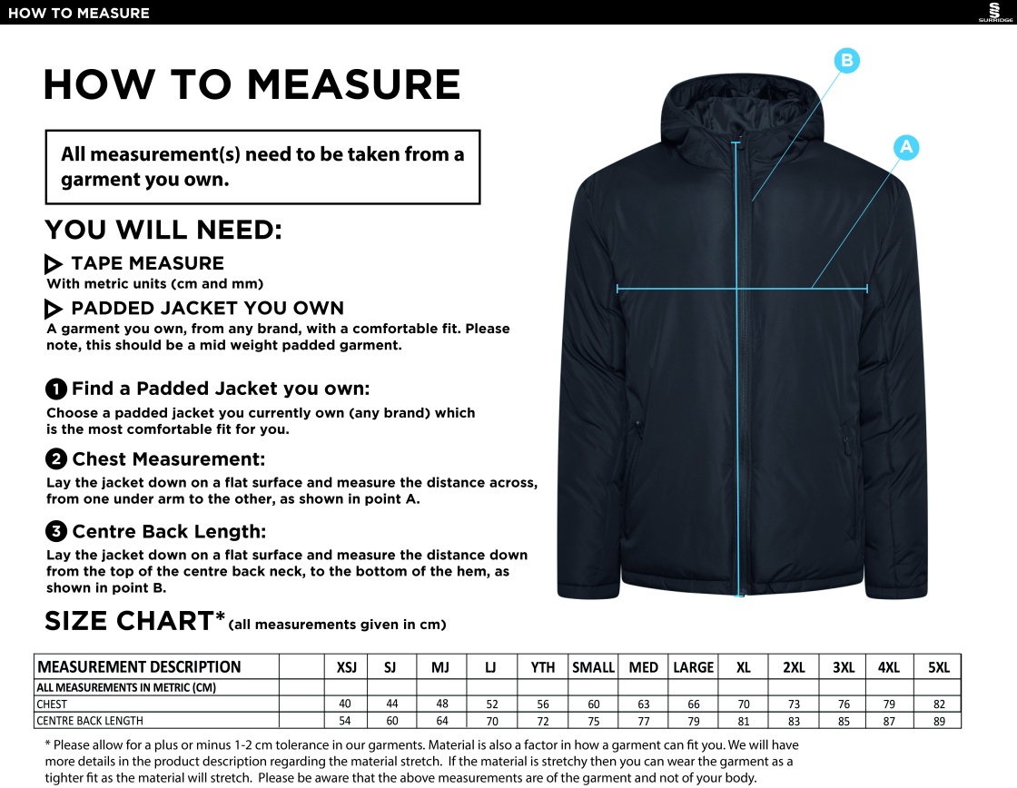 Bristol Hockey Talent Academy - Active Padded Jacket - Unisex Fit - Size Guide