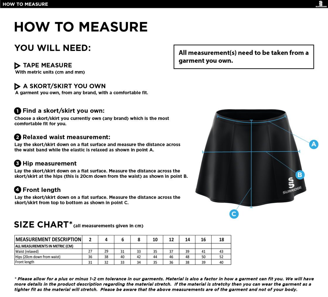 Bristol Hockey Talent Academy - Blade Skort - Unisex Fit - Size Guide
