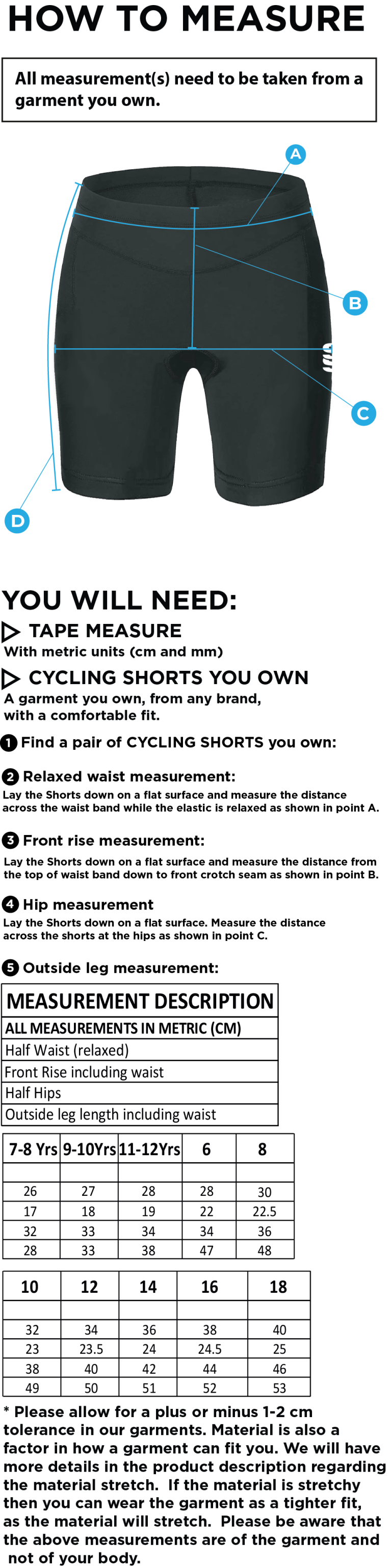 Bristol Hockey Talent Academy - Dual Cycling Short - Unisex Fit - Size Guide