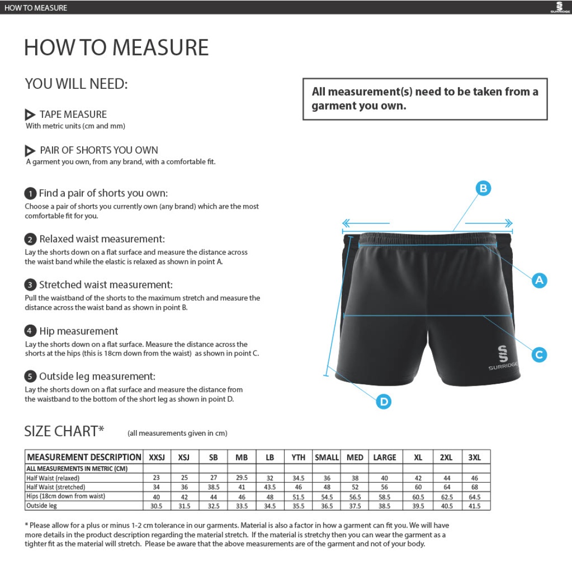 Bristol Hockey Talent Academy - Premier Rugby Short - Unisex Fit - Size Guide