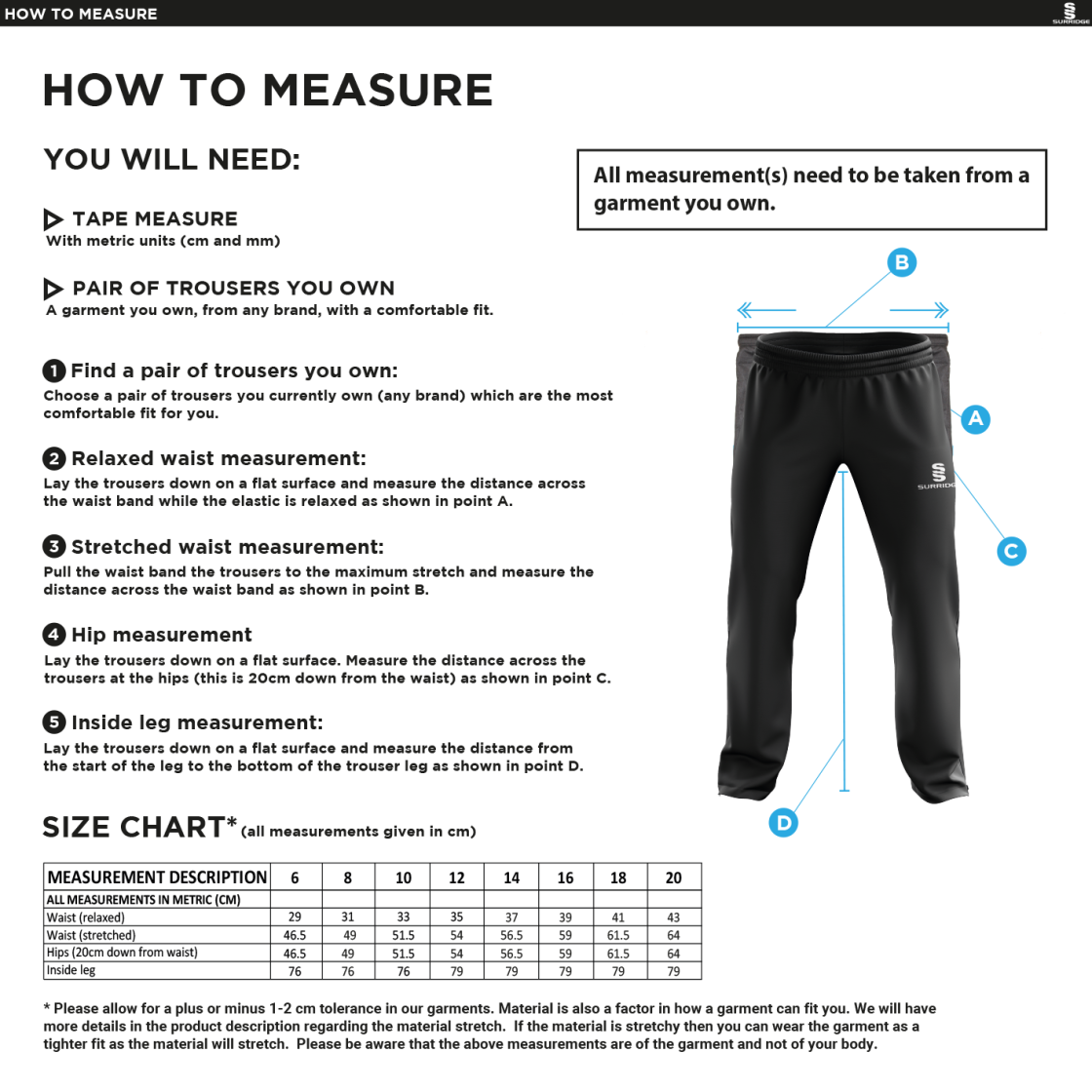 Bristol Hockey Talent Academy - Dual Poplin Track Pant with Lycra - Women's Fit - Size Guide