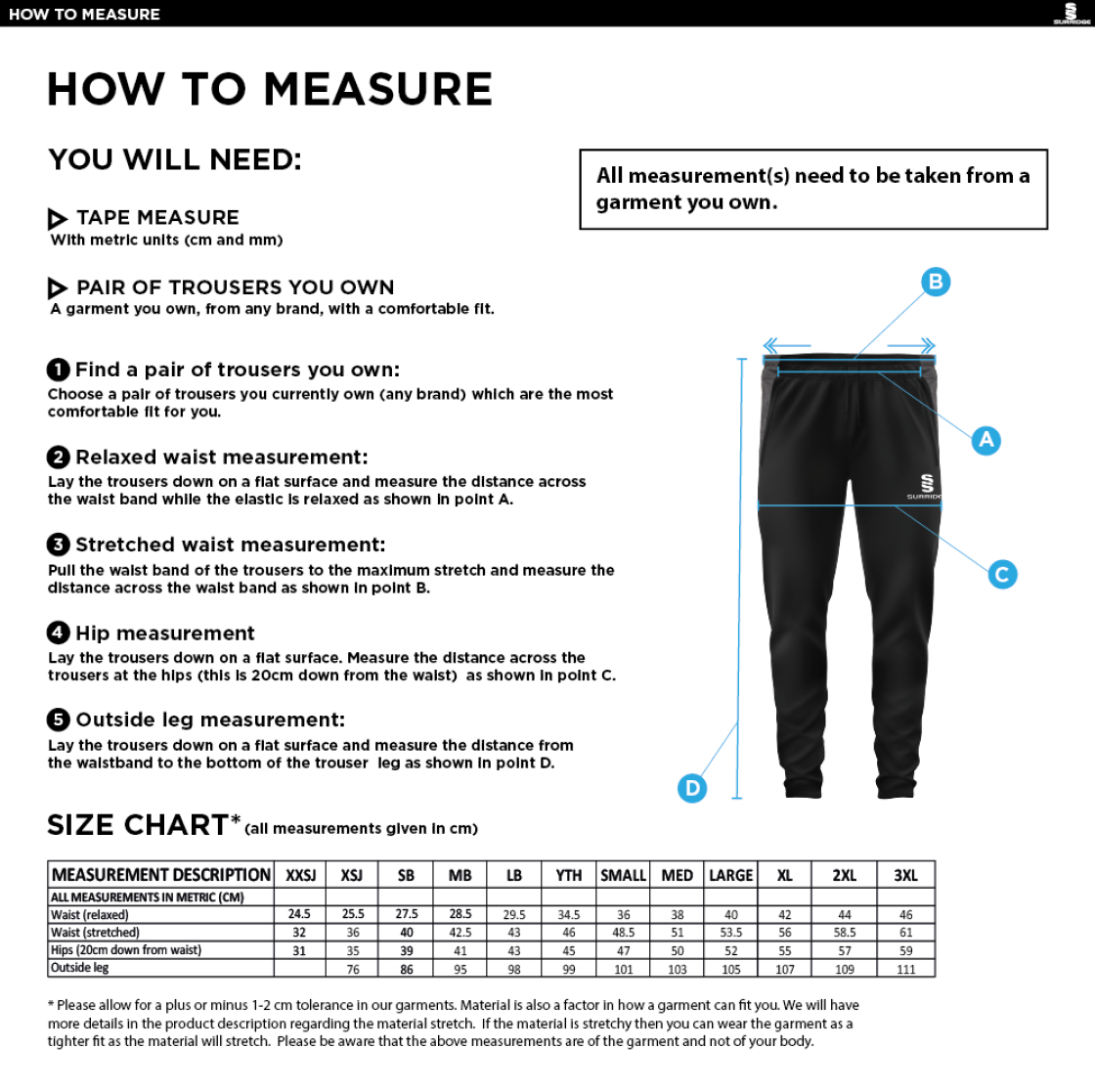 Bristol Hockey Talent Academy - Tek Slim Training Pants - Unisex Fit - Size Guide