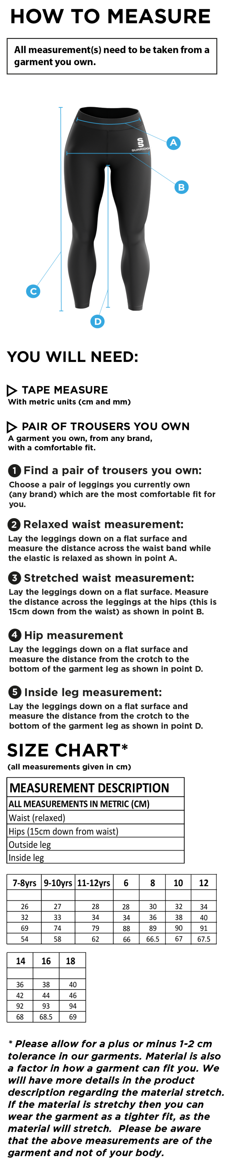 Bristol Hockey Talent Academy - Performance Full Length Leggings - Women's Fit - Size Guide