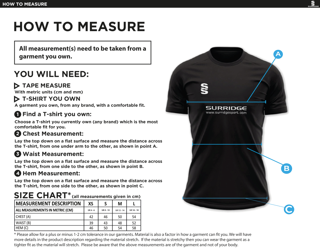 Bristol Hockey Talent Academy - Impact T-Shirt - Women's Fit - Size Guide
