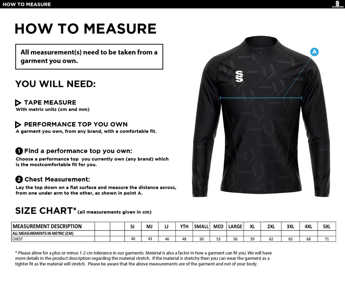 Bristol Hockey Talent Academy - Impact 1/4 Zip Performance Top - Unisex Fit - Size Guide