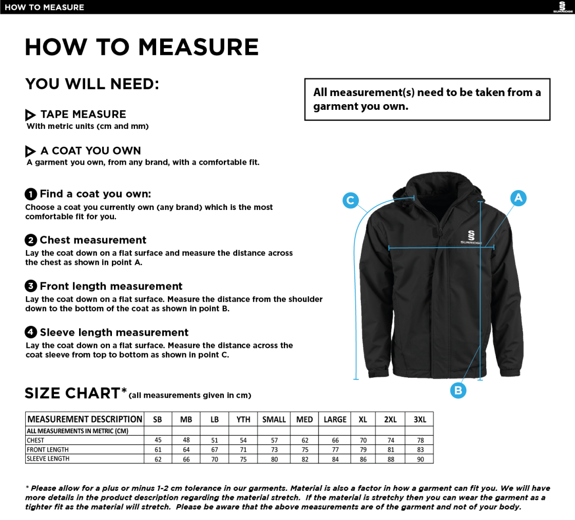 Bristol Hockey Talent Academy - Dual Fleece Lined Jacket - Unisex Fit - Size Guide