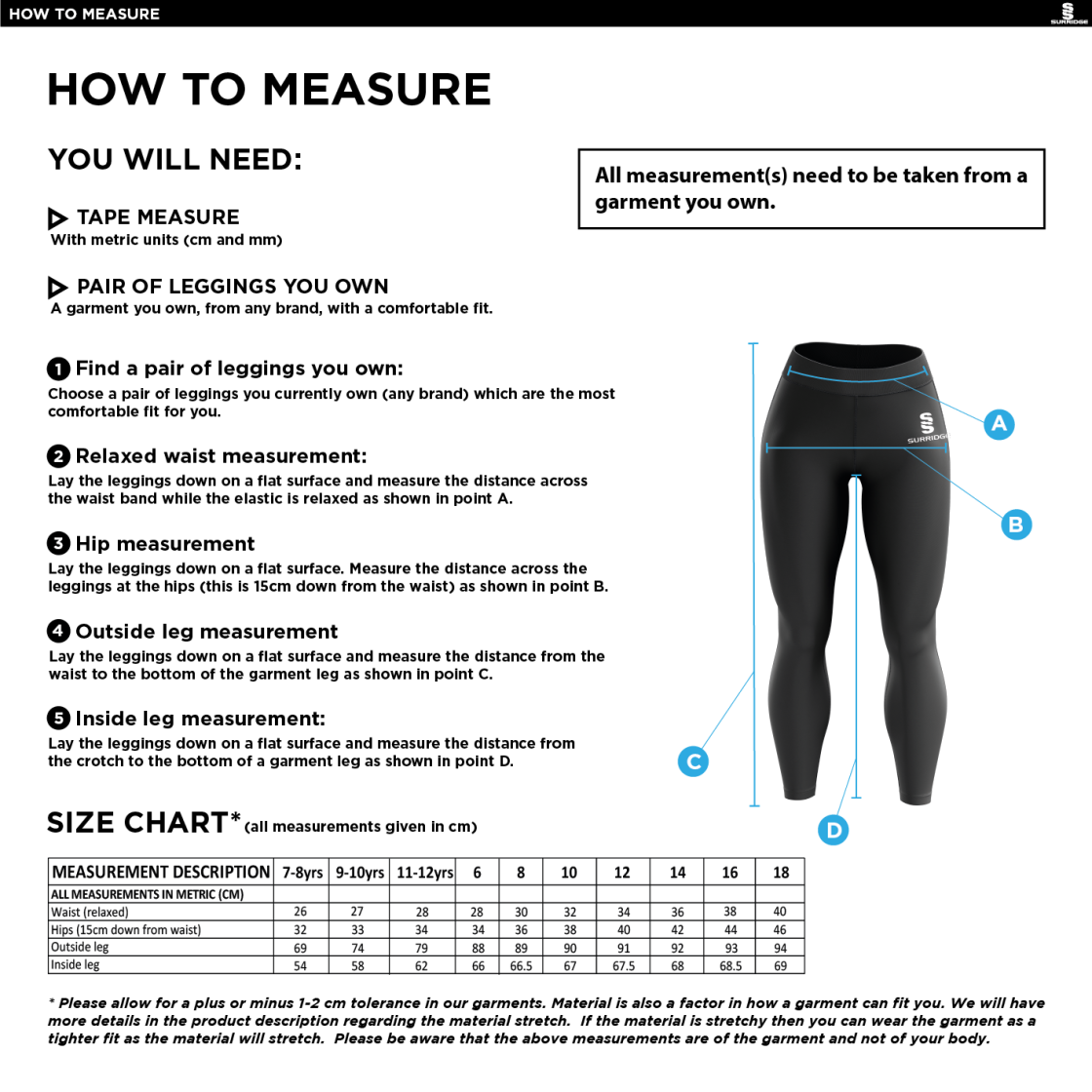 Bristol Hockey Talent Academy - Performance Full Length Leggings - Women's Fit - Size Guide
