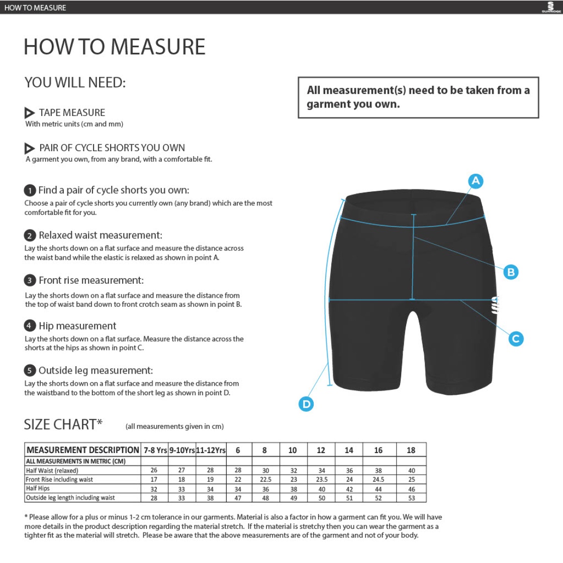 Bristol Hockey Talent Academy - Dual Cycling Short - Unisex Fit - Size Guide
