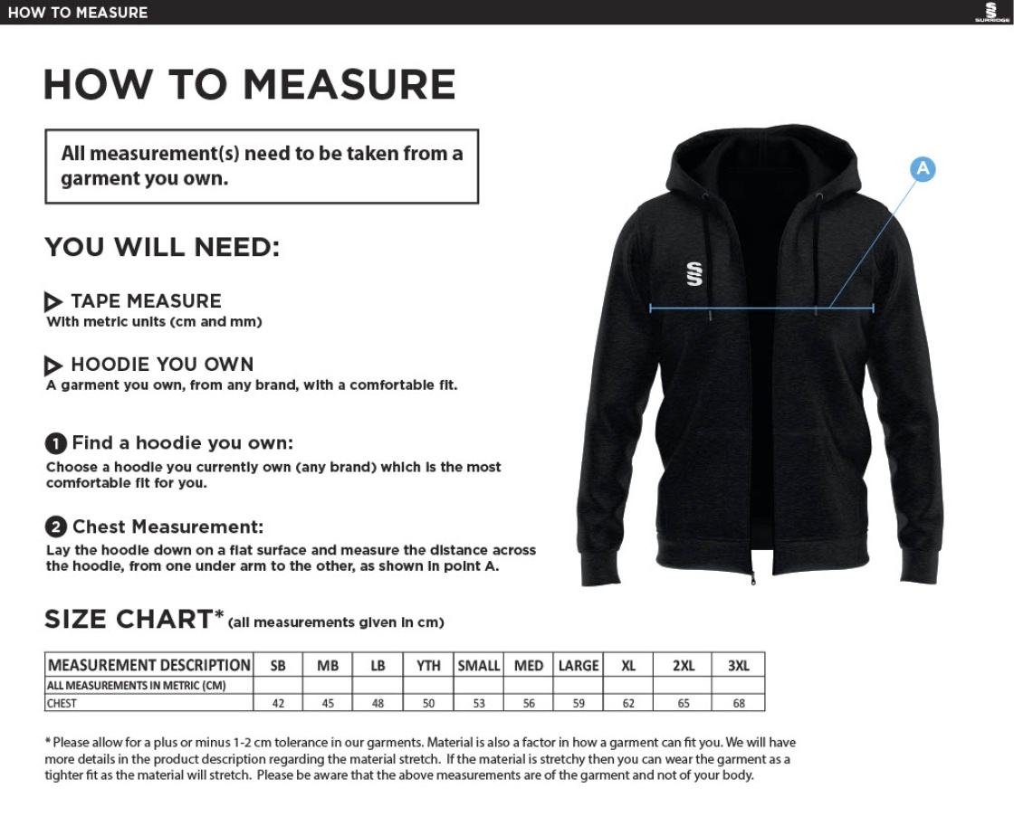 Bristol Hockey Talent Academy - Dual Full Zip Hoody - Unisex Fit - Size Guide