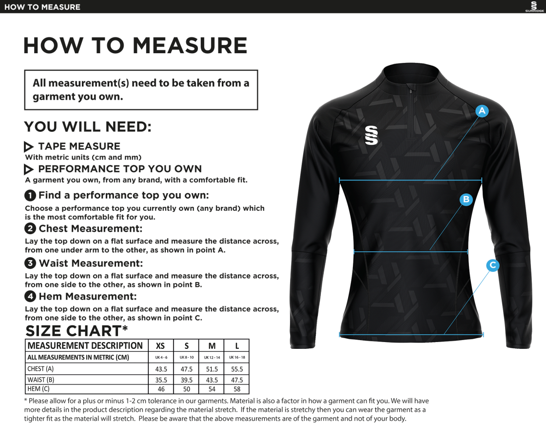 Bristol Hockey Talent Academy - Impact 1/4 Zip Performance Top - Women's Fit - Size Guide